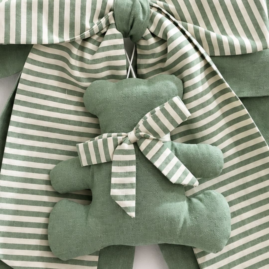 Fiocco nascita Orsetto Salvia appeso alla porta in stile elegante e delicato