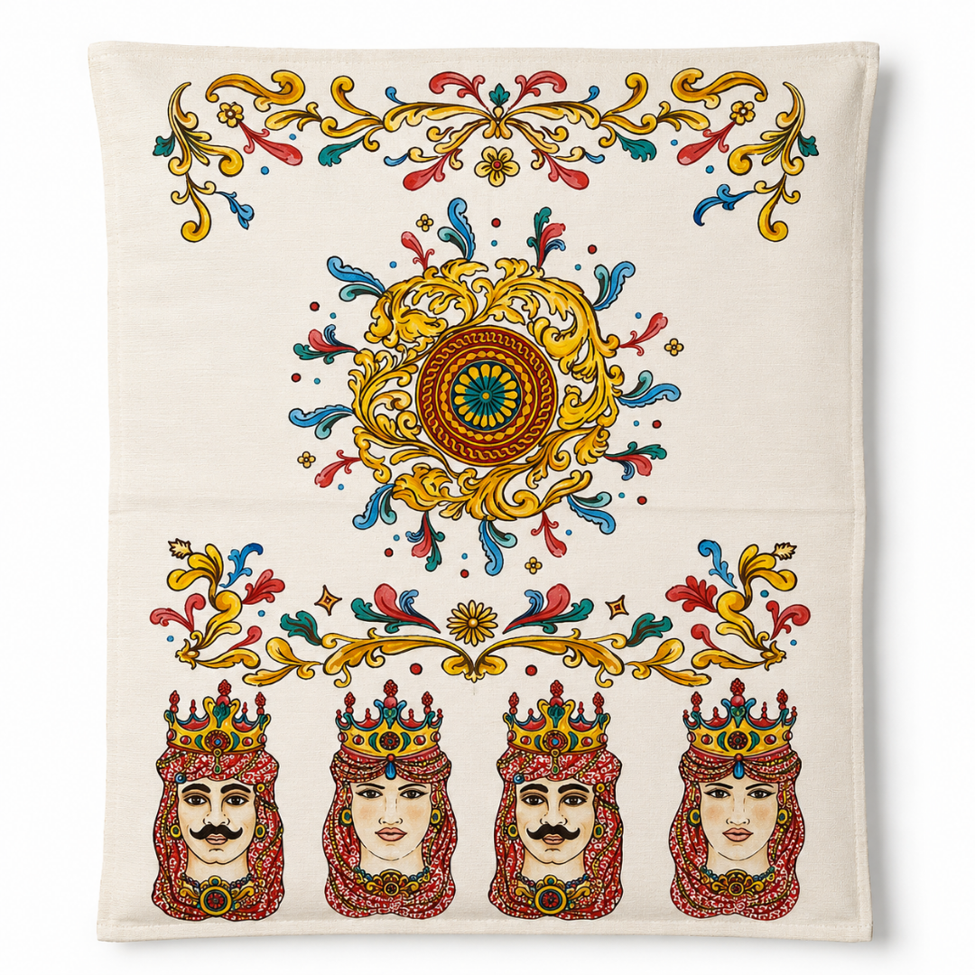 Strofinaccio Corte dei Mori in misto lino 50x74 con Mori Siciliani e decori colorati