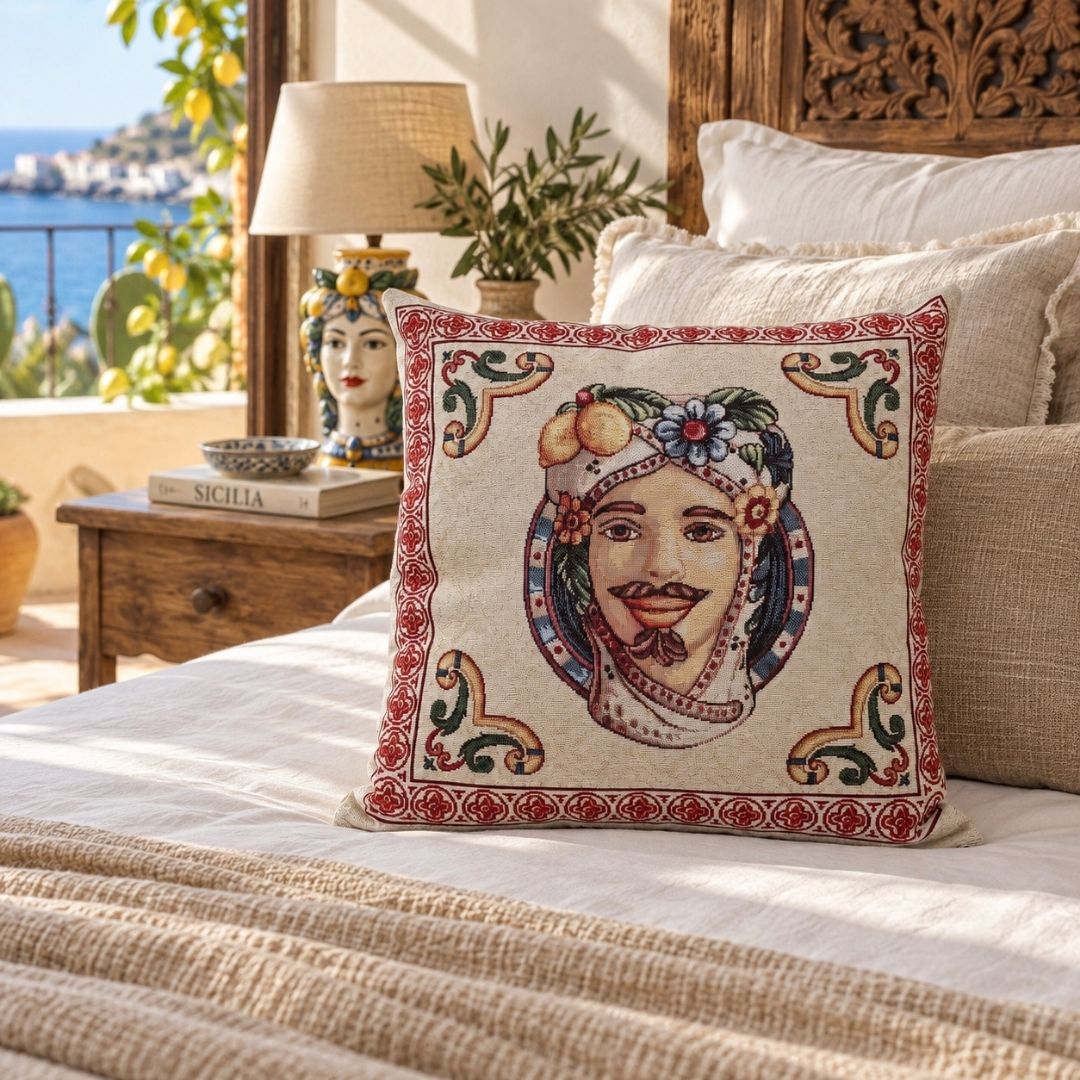 Federa cuscino Moro di Maiolica ambientata su letto in stile mediterraneo siciliano