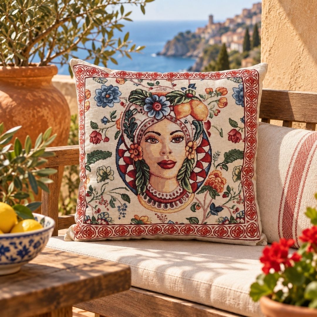 Federa cuscino Mora di Maiolica ambientata su seduta in stile mediterraneo siciliano