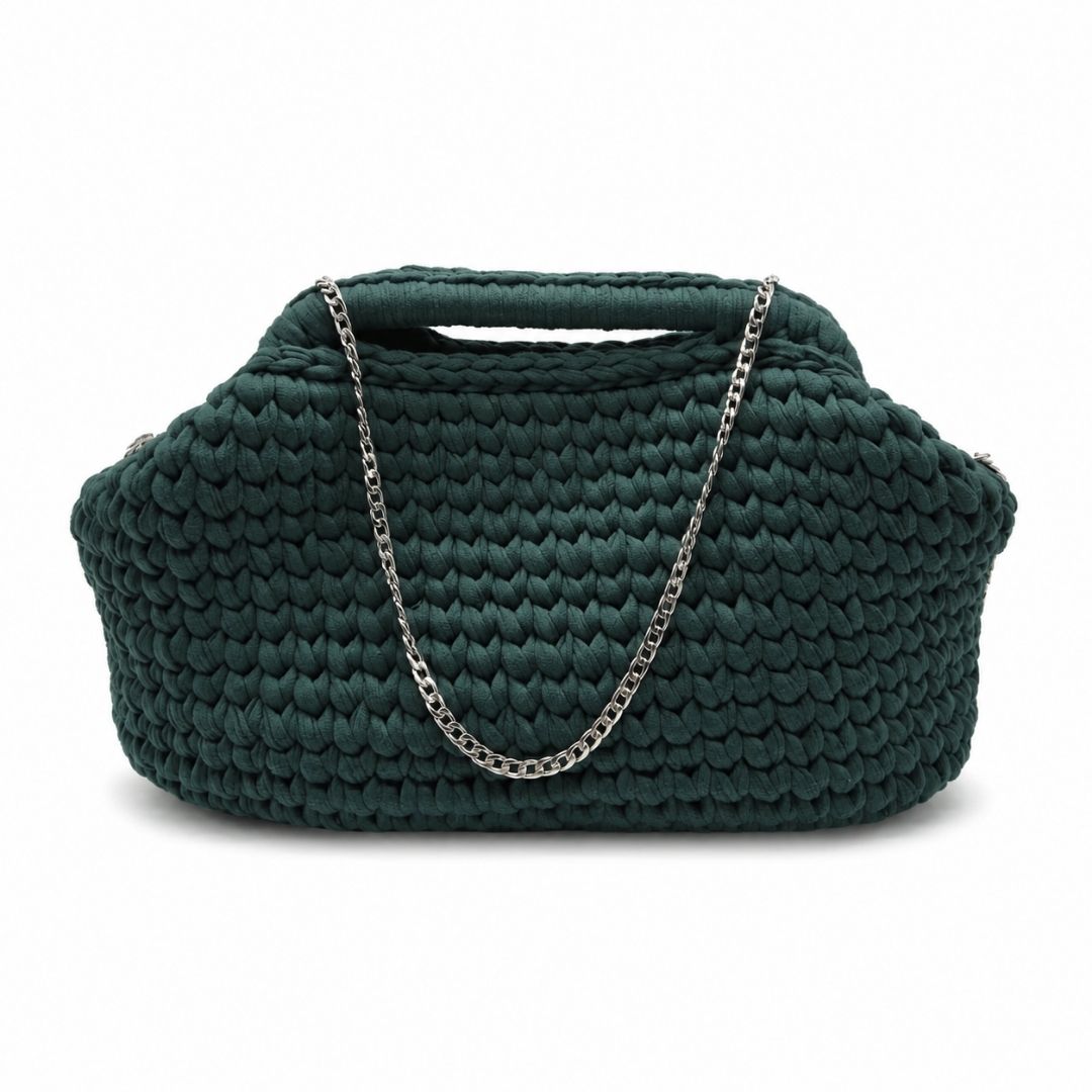 Borsa artigianale Moresca Verde con manico integrato e tracolla a catena argentata