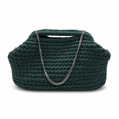 Borsa artigianale Moresca Verde con manico integrato e tracolla a catena argentata
