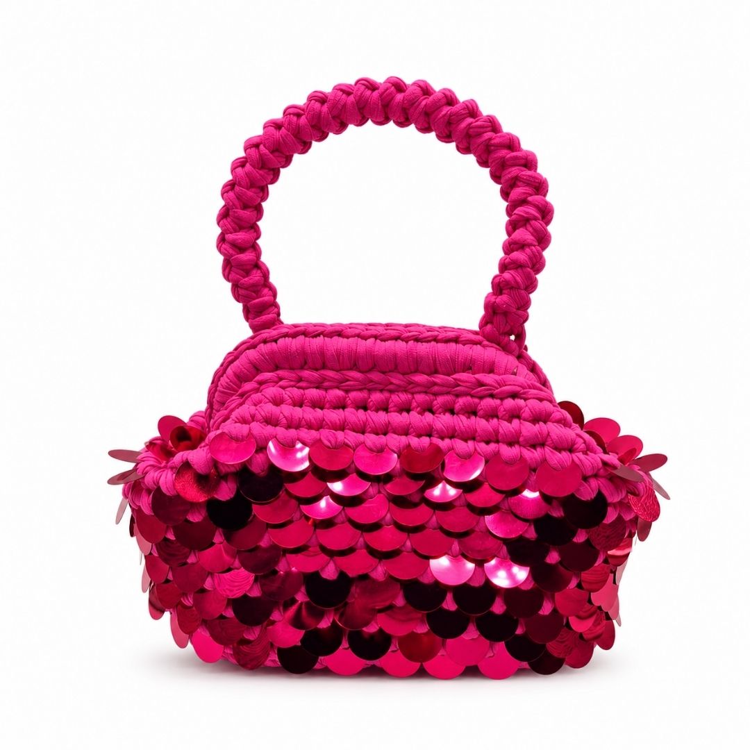Borsa artigianale Tormalina Fucsia con manico intrecciato e paillettes luminose