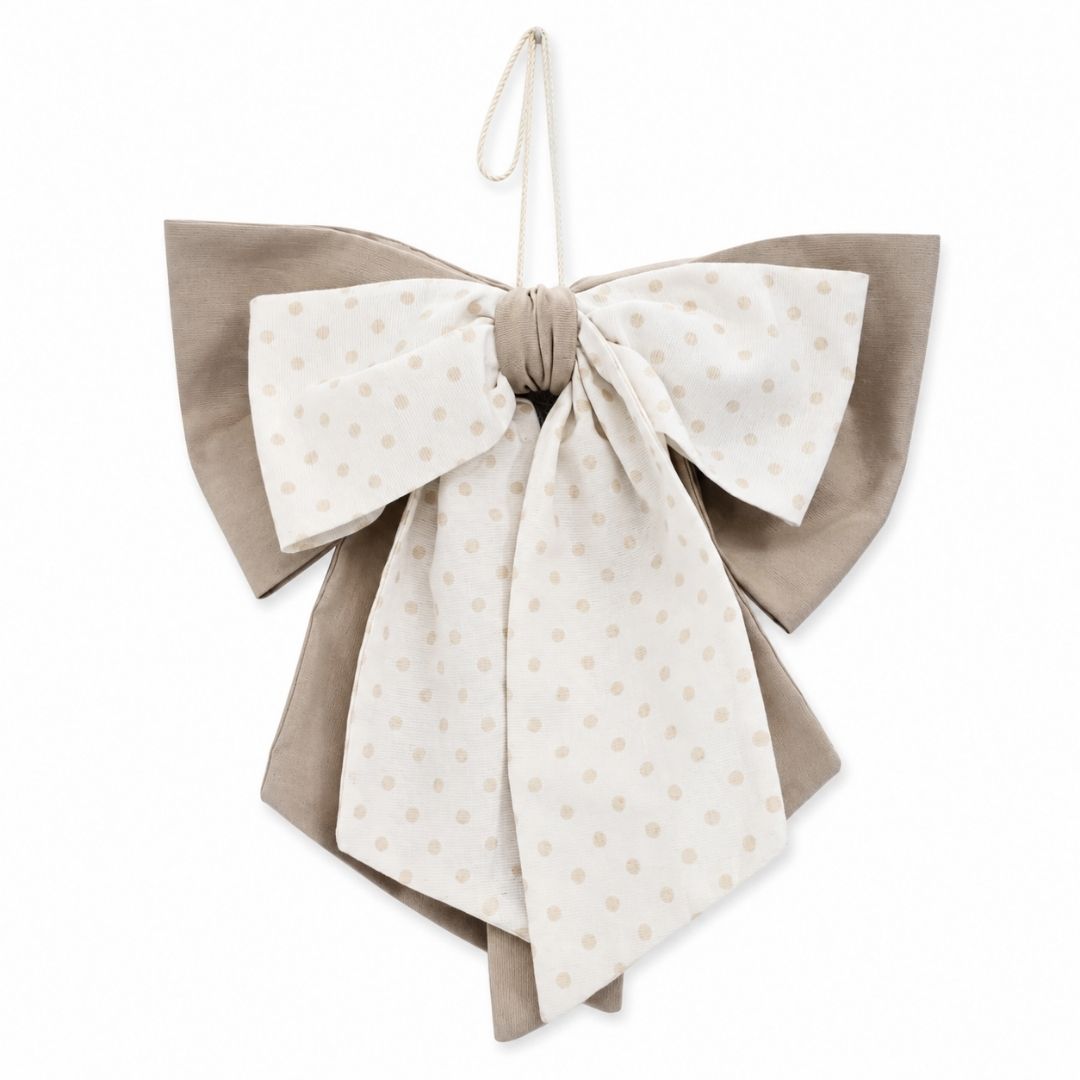 Fiocco nascita artigianale Luna a Pois beige e bianco con grande fiocco decorativo