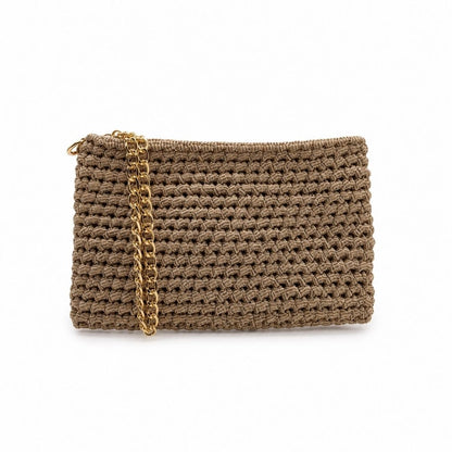 Pochette artigianale Quarzo Fumé tortora sabbia con catena dorata