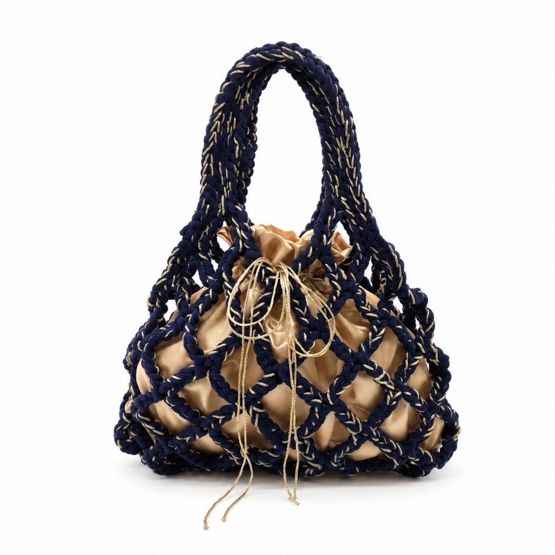 Borsa shopper artigianale Marettimo Blu con lavorazione a rete e sacchetto interno color oro