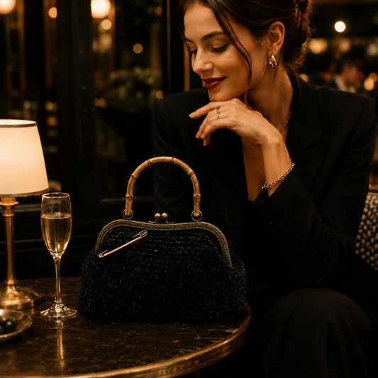 Borsa Onice nera in ciniglia appoggiata su tavolo elegante con manico effetto bambù