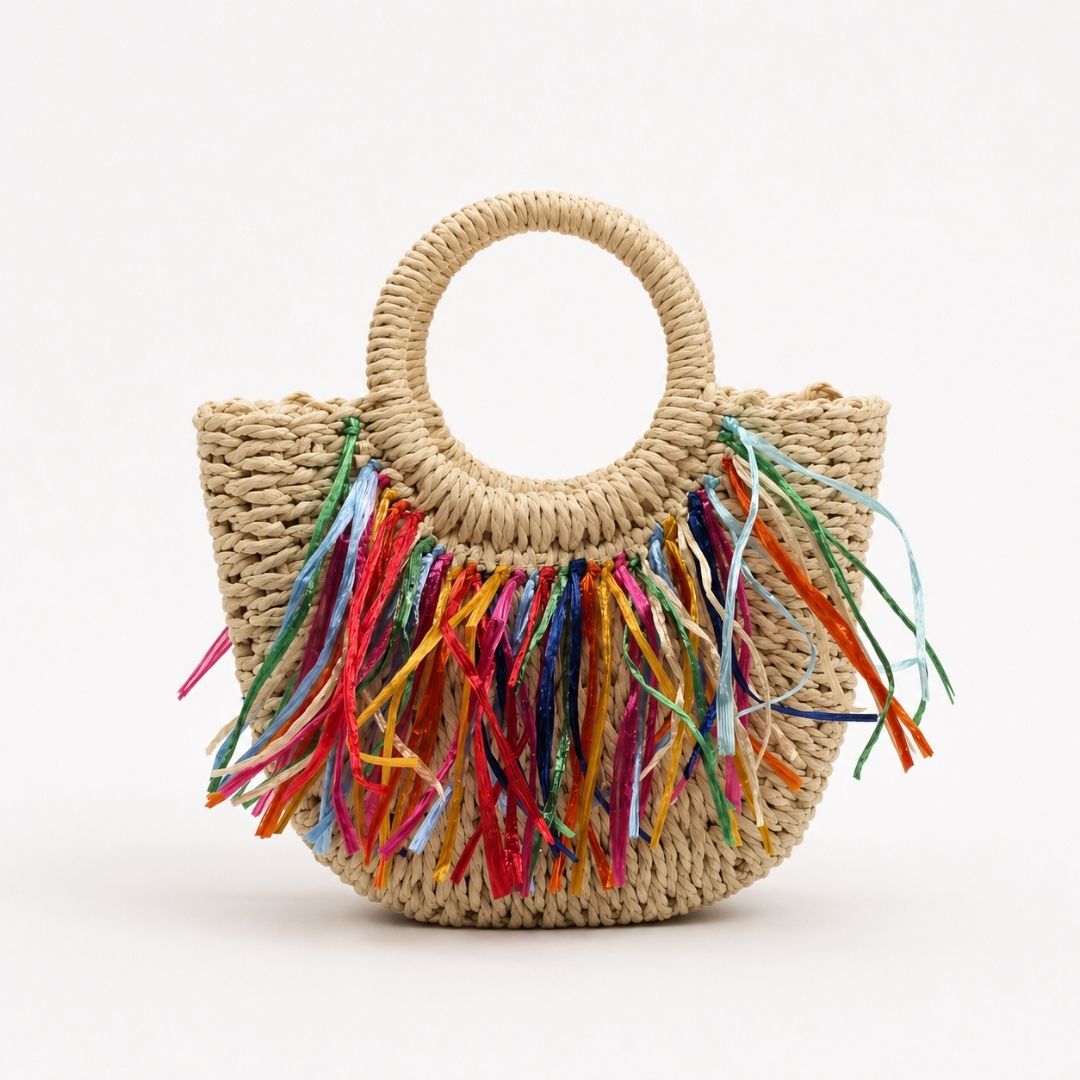 Borsa artigianale Picciridda con manico rotondo e frange colorate
