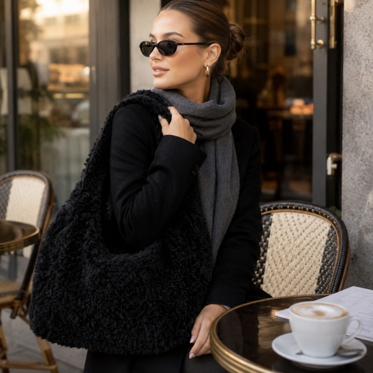 Borsa artigianale nera Ossidiana indossata a spalla con look elegante invernale