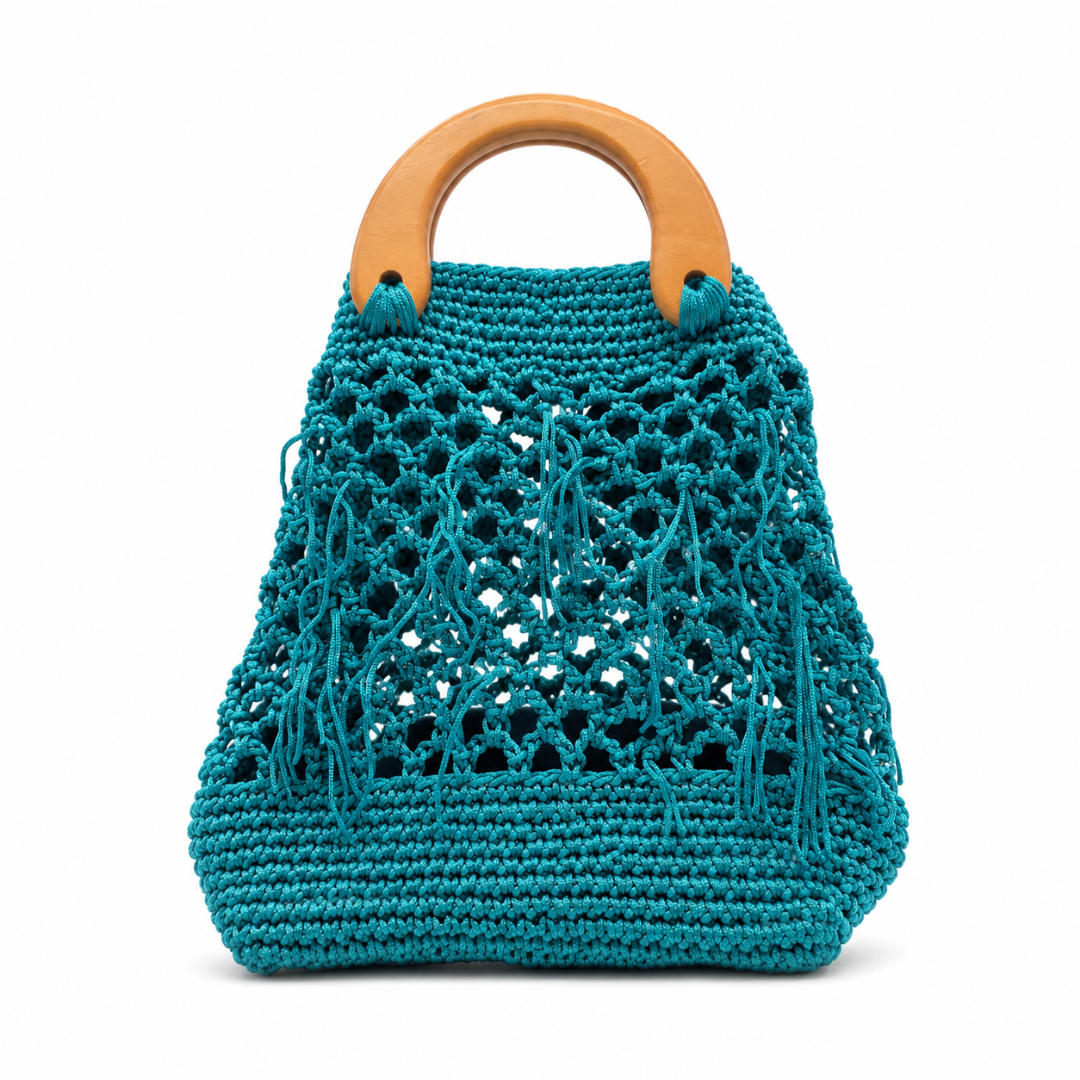 Borsa artigianale verde acqua con manici rigidi effetto legno e lavorazione intrecciata