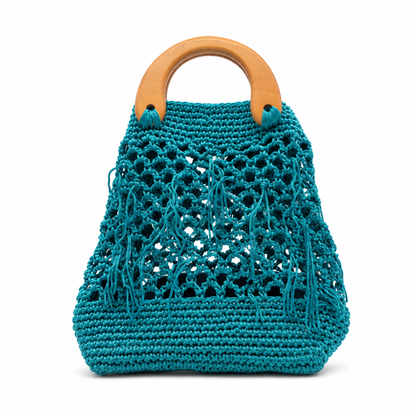 Borsa artigianale verde acqua con manici rigidi effetto legno e lavorazione intrecciata
