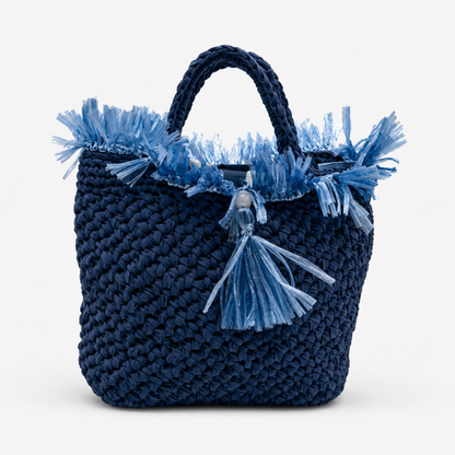 Borsa blu in fettucia e rafia intera