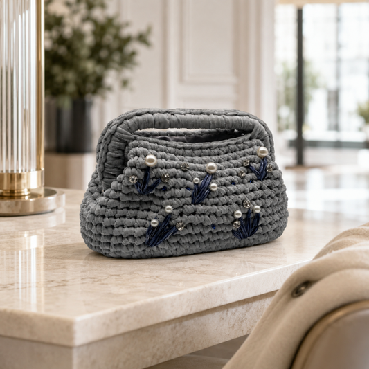 Clutch Labradorite grigia con applicazioni decorative e manico integrato