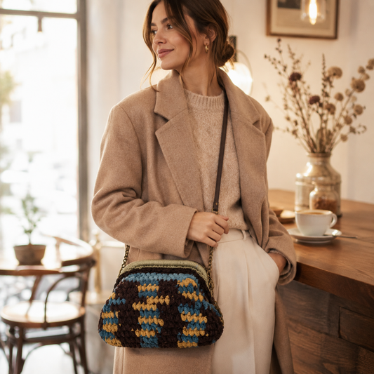 Borsa artigianale Ambra indossata a tracolla con look autunnale elegante
