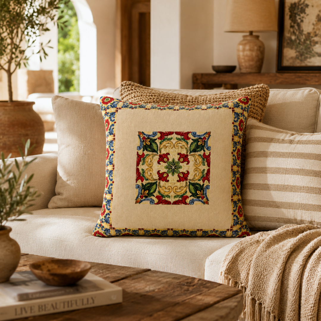 Federa cuscino artigianale Maiolica Mediterranea 45x45 in tessuto gobelin decorativo ambientata