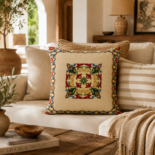 Federa cuscino artigianale Maiolica Mediterranea 45x45 in tessuto gobelin decorativo ambientata