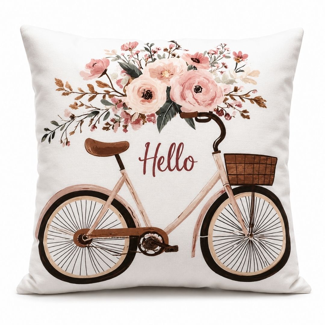 Federa cuscino Passeggiata in Fiore con bicicletta vintage, fiori rosa e scritta Hello