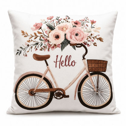 Federa cuscino Passeggiata in Fiore con bicicletta vintage, fiori rosa e scritta Hello