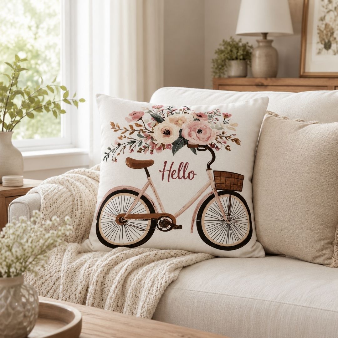 Federa cuscino Passeggiata in Fiore ambientata su divano chiaro con bicicletta e fiori
