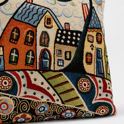 Federa cuscino Borgo Fiorito in gobelin con dettaglio casette e motivi colorati