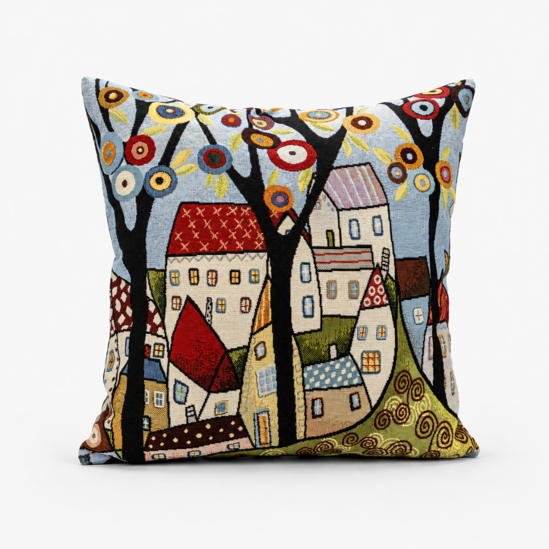 Federa cuscino 45x45 Borgo Fiorito in gobelin con dettaglio casette e motivi colorati intera