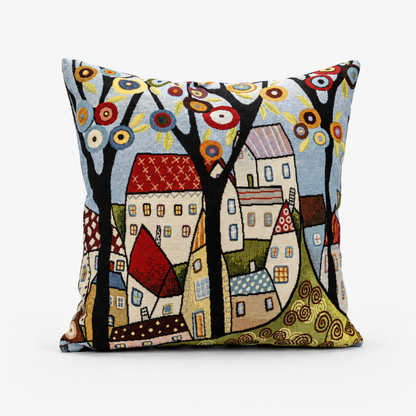 Federa cuscino 45x45 Borgo Fiorito in gobelin con dettaglio casette e motivi colorati intera