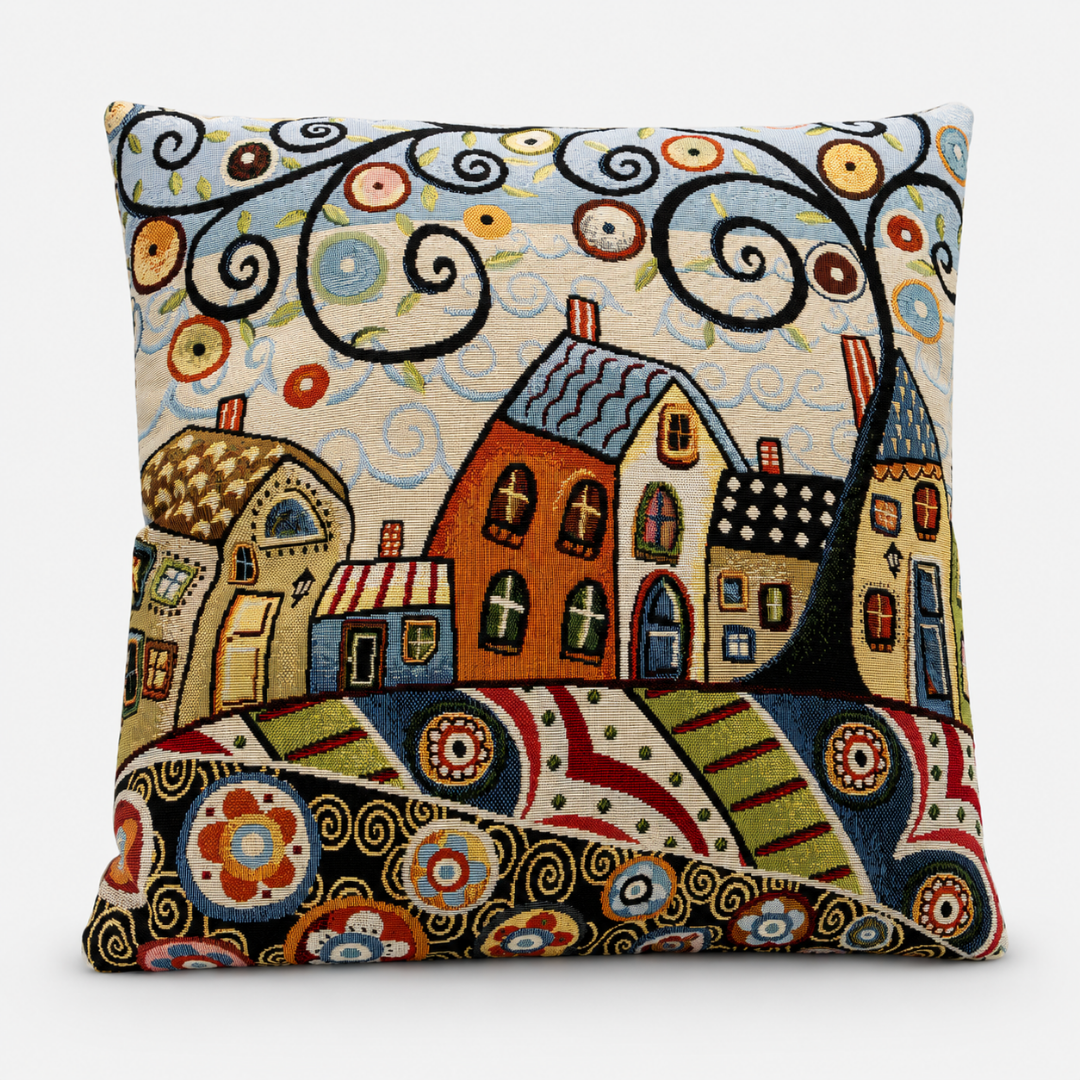 Federa cuscino artigianale Borgo Fiorito 45x45 in tessuto gobelin con fantasia borgo