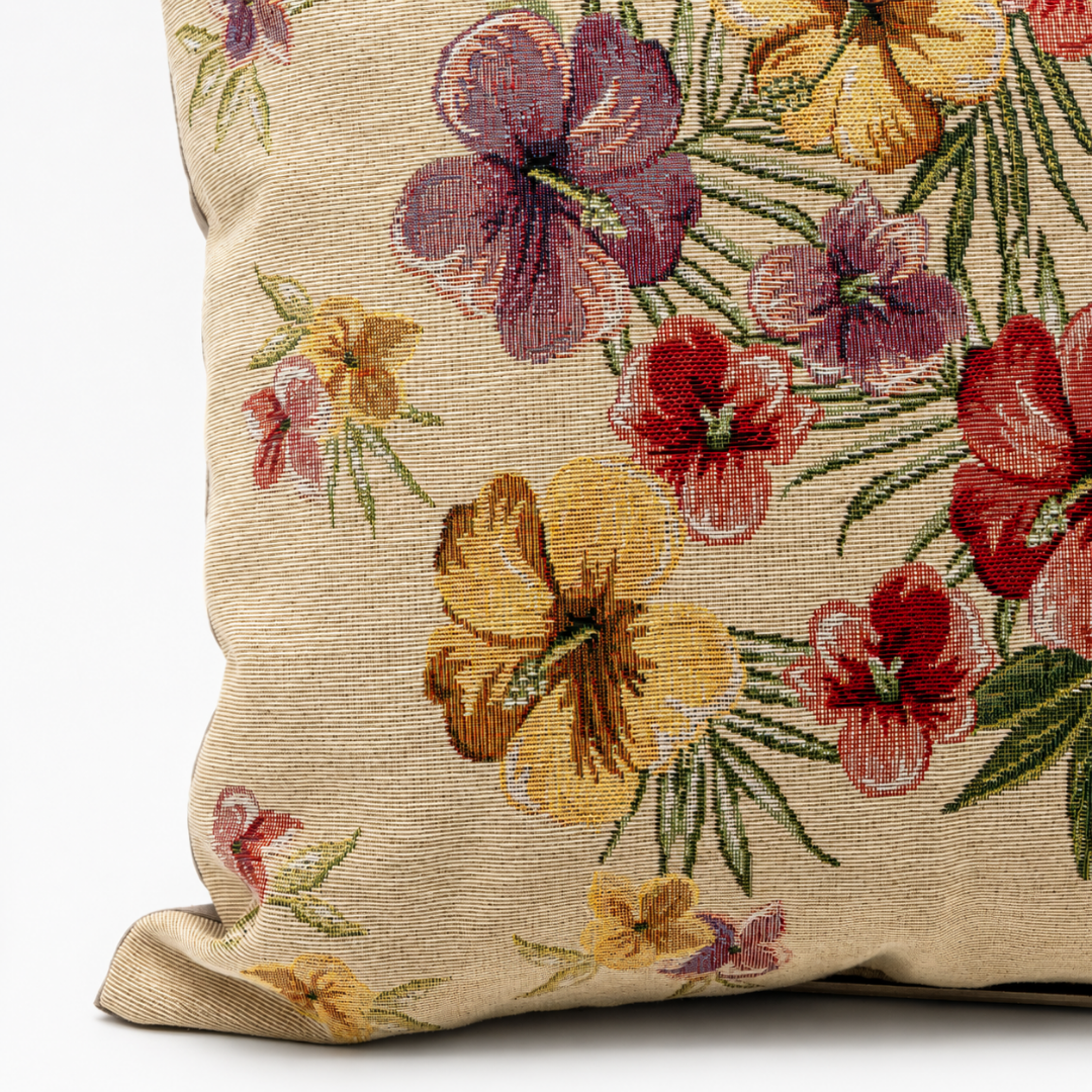 Federa cuscino in gobelin con fantasia floreale multicolor su fondo beige chiaro