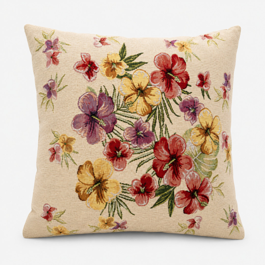 Federa cuscino in gobelin con fantasia floreale multicolor su fondo beige chiaro