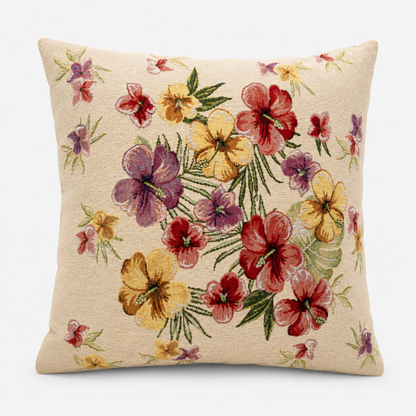 Federa cuscino in gobelin con fantasia floreale multicolor su fondo beige chiaro
