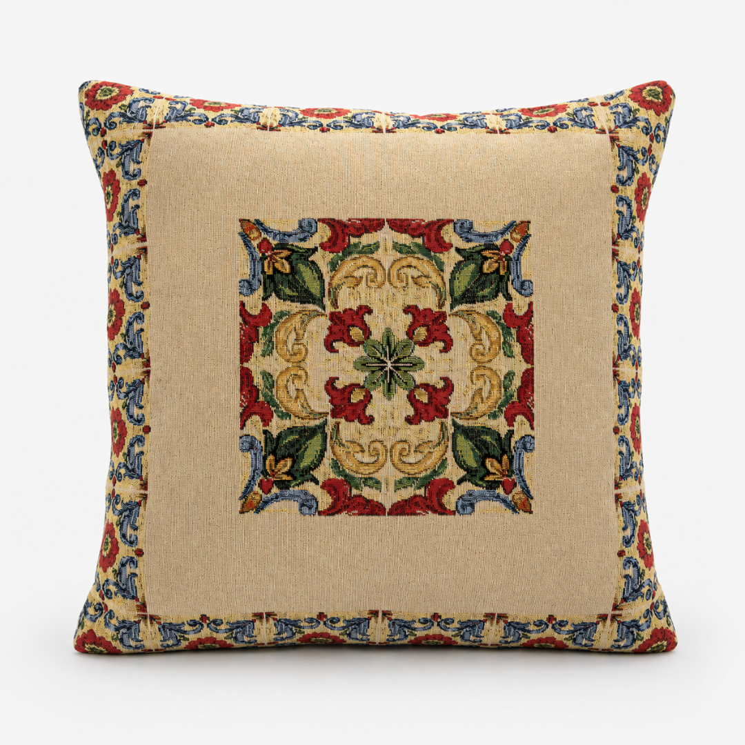 Federa cuscino artigianale Maiolica Mediterranea 45x45 in tessuto gobelin decorativo