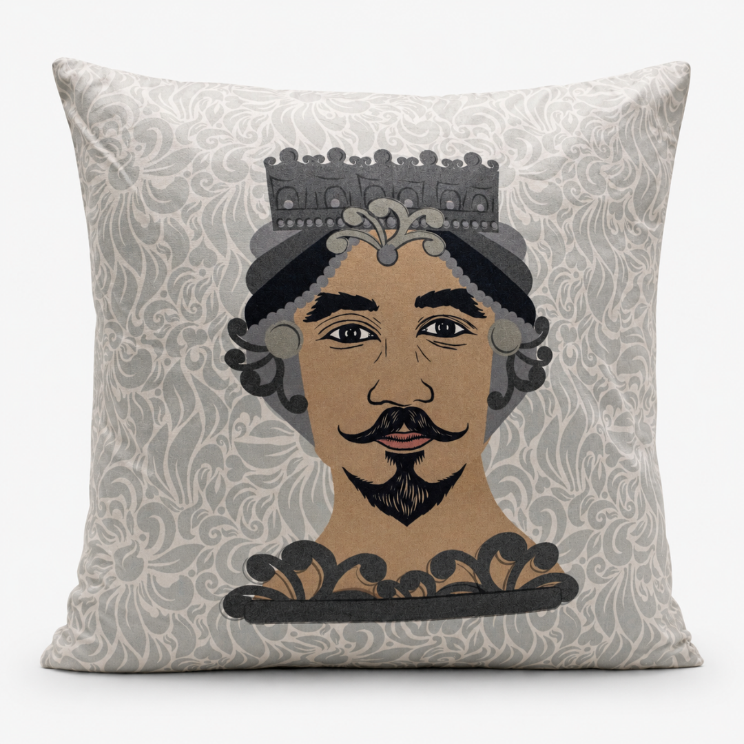 Federa cuscino Moro Reale 45x45 con volto maschile, corona e fondo grigio decorativo