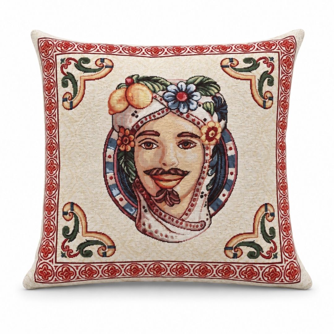 Federa cuscino Moro di Maiolica 45x45 in gobelin con Moro siciliano e dettagli mediterranei