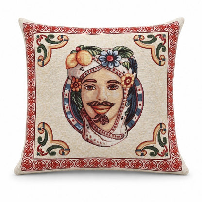 Federa cuscino Moro di Maiolica 45x45 in gobelin con Moro siciliano e dettagli mediterranei