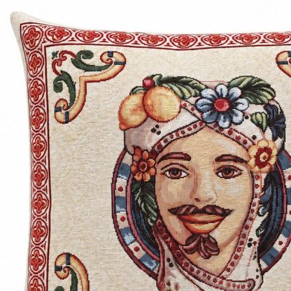 Dettaglio federa cuscino Moro di Maiolica in gobelin con fantasia siciliana e cornice rossa