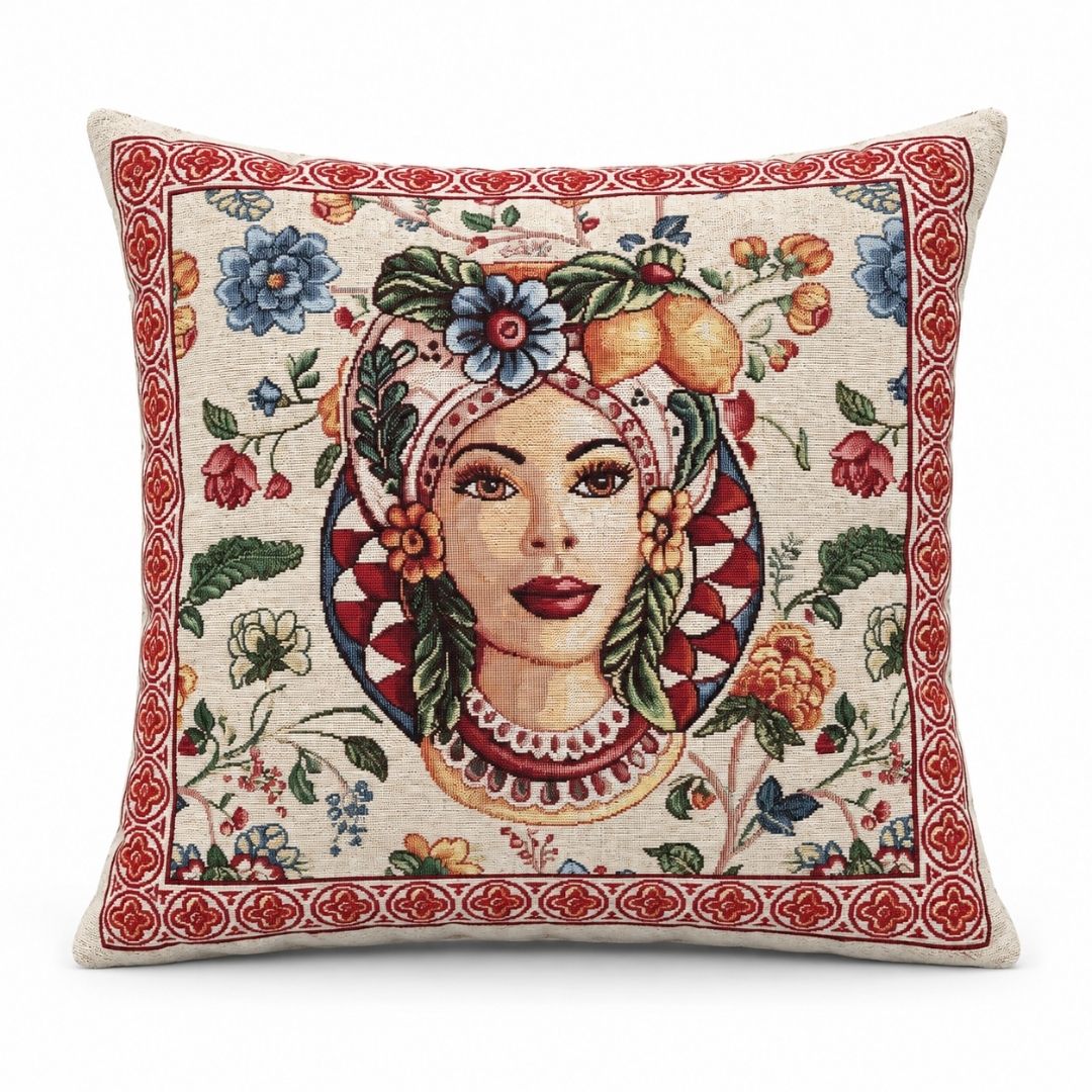 Federa cuscino Mora di Maiolica 45x45 in gobelin con fantasia siciliana e dettagli floreali