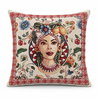 Federa cuscino Mora di Maiolica 45x45 in gobelin con fantasia siciliana e dettagli floreali