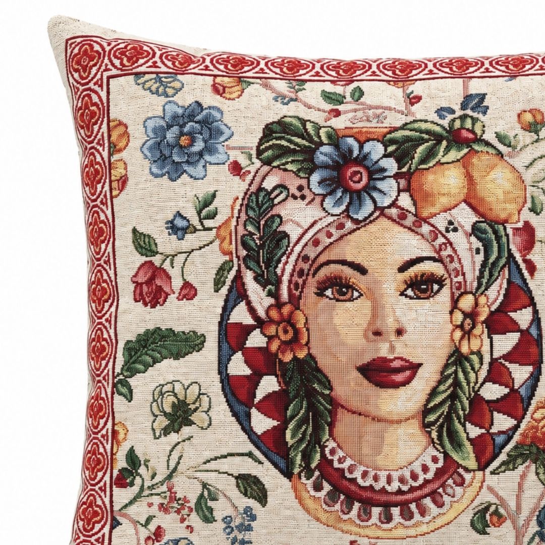 Dettaglio federa cuscino Mora di Maiolica in gobelin con volto femminile, limoni e cornice rossa
