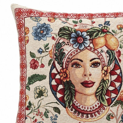 Dettaglio federa cuscino Mora di Maiolica in gobelin con volto femminile, limoni e cornice rossa