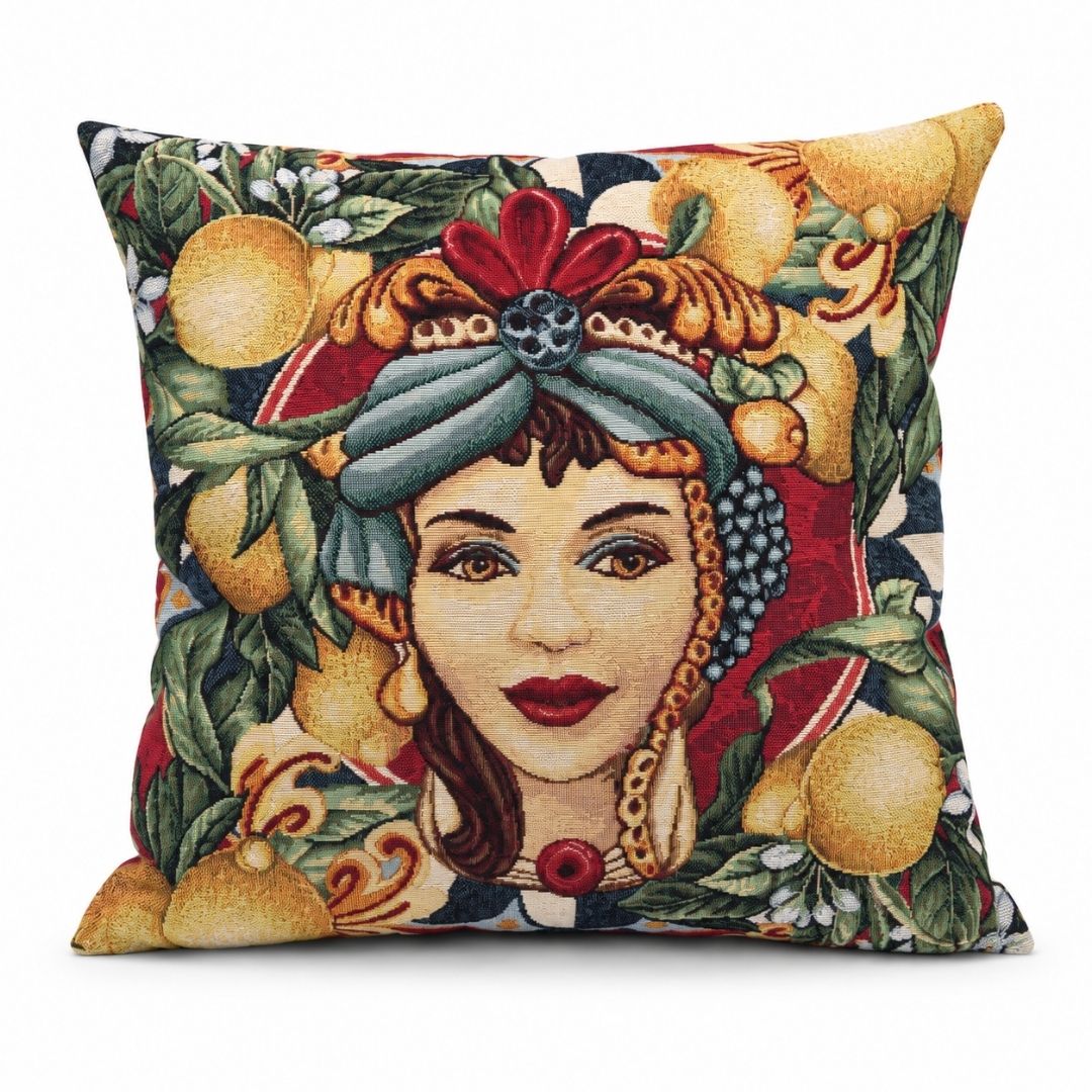 Federa cuscino Mora del Sole 45x45 in gobelin con fantasia siciliana decorativa