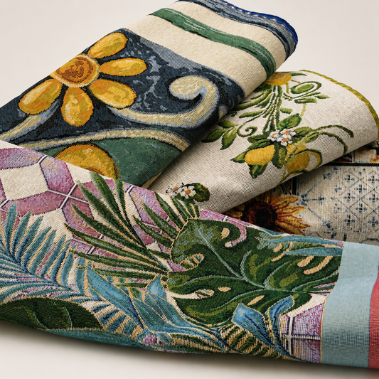 Dettaglio runner da tavolo Trame Mediterranee in gobelin con limoni, foglie e motivi decorativi