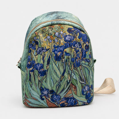 Zaino artigianale Iris Blu con chiusura zip e fantasia floreale nei toni del blu e verde acqua